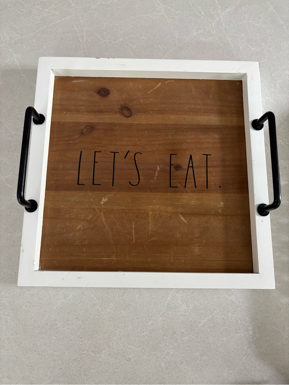 Rae Dunn "LET'S EAT." Large Wooden Serving Tray White Frame Metal Handles